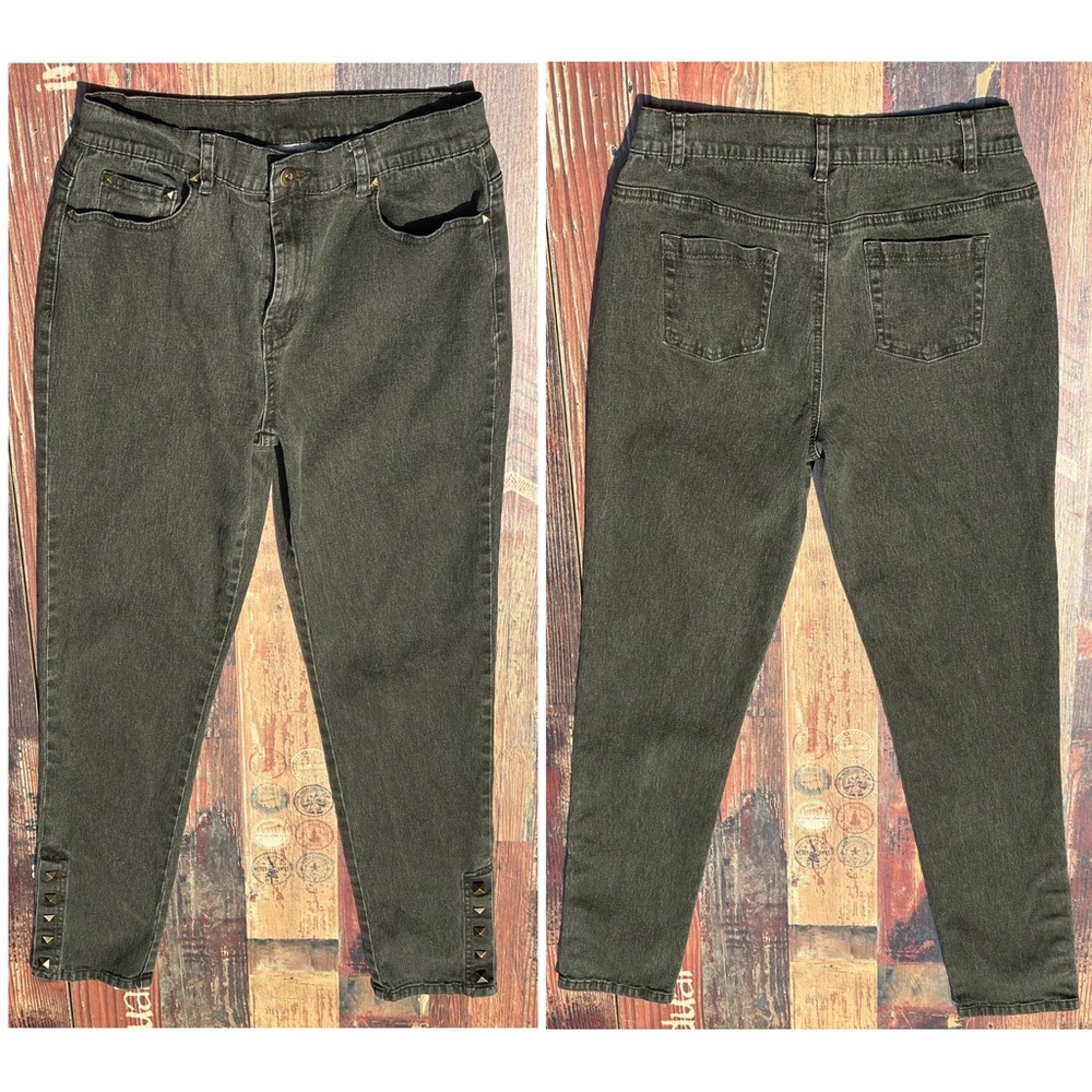 Vintage DG2 Diane Gilman Studded Snap Ankle Army Green Tapered Jeans Size 6